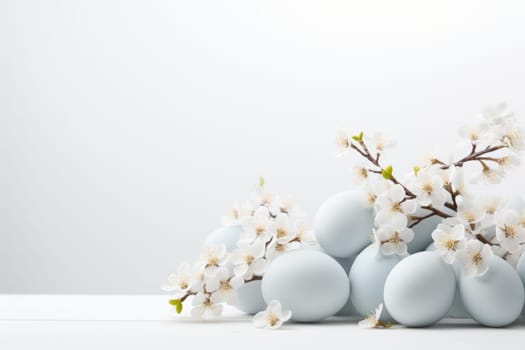 easter background with white eggs and flowers on light background. ai generated