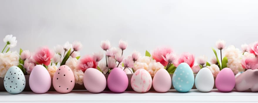 easter background with pastel eggs and flowers on light background. ai generated