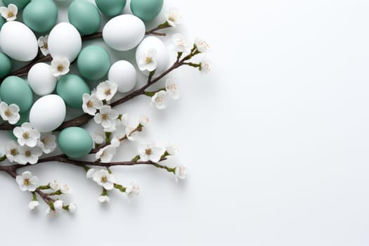 easter background with pastel eggs and flowers on light background. ai generated