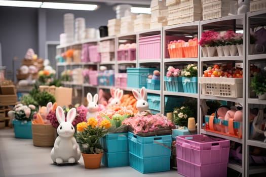 storage room in supermarket full of various Easter decorations in boxes. ai generated
