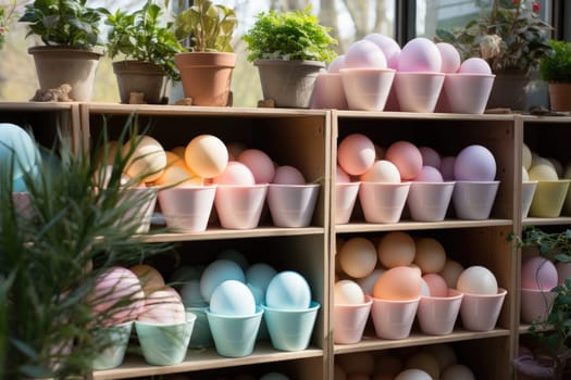 storage room in supermarket full of various Easter decorations in boxes. ai generated