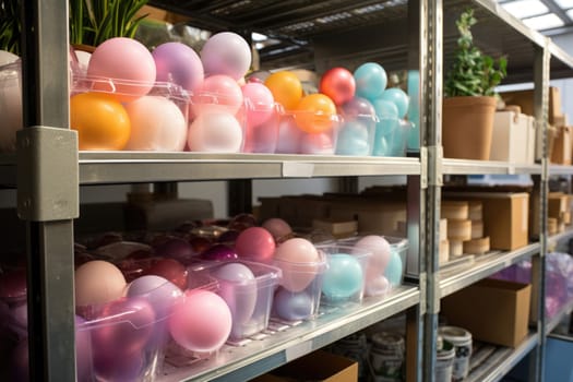 storage room in supermarket full of various Easter decorations in boxes. ai generated