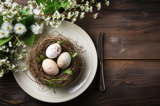 Beautiful table setting with spring flowers for Easter celebration. ai generated