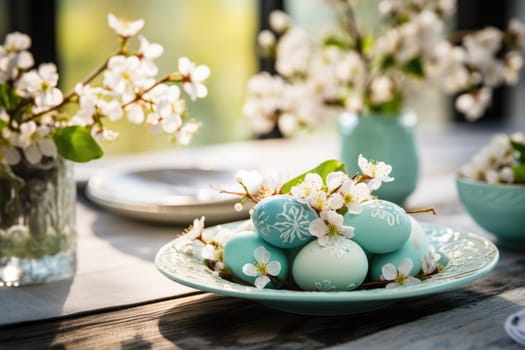 Beautiful table setting with spring flowers for Easter celebration. ai generated