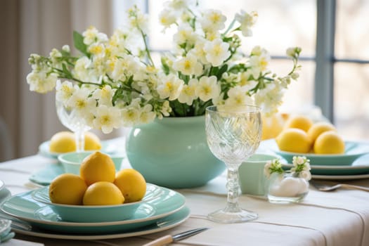 Beautiful table setting with spring flowers for Easter celebration. ai generated