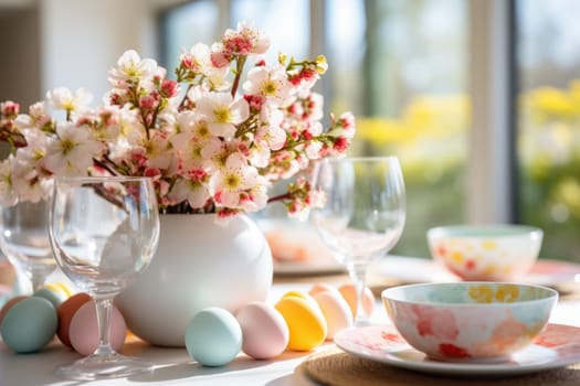 Beautiful table setting with spring flowers for Easter celebration. ai generated