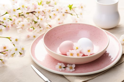 Beautiful table setting with spring flowers for Easter celebration. ai generated