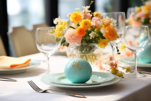 Beautiful table setting with spring flowers for Easter celebration. ai generated
