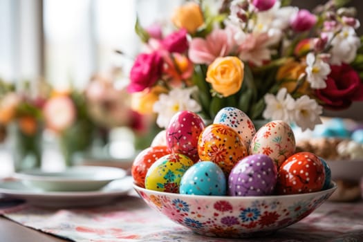 Beautiful table setting with spring flowers for Easter celebration. ai generated
