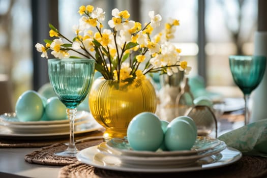 Beautiful table setting with spring flowers for Easter celebration. ai generated