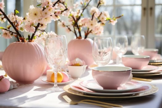 Beautiful table setting with spring flowers for Easter celebration. ai generated