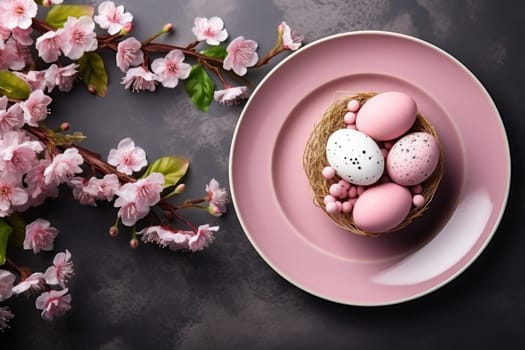 Beautiful table setting with spring flowers for Easter celebration, top view . ai generated