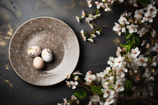 Beautiful table setting with spring flowers for Easter celebration, top view . ai generated