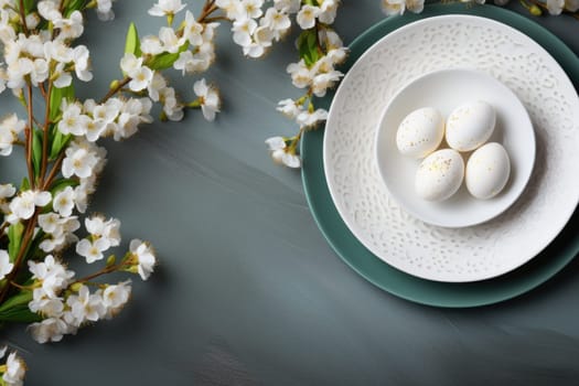 Beautiful table setting with spring flowers for Easter celebration, top view . ai generated