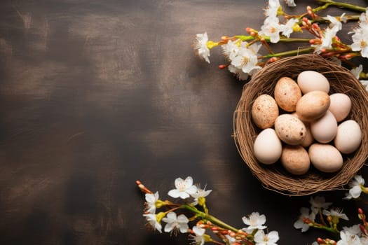Beautiful table setting with spring flowers for Easter celebration, top view . ai generated