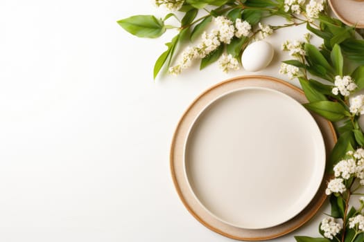 Beautiful table setting with spring flowers for Easter celebration, top view . ai generated