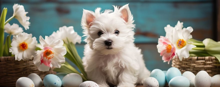 Beautiful white puppy with blue eyes in easter eggs. ai generated