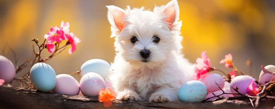 Beautiful white puppy with blue eyes in easter eggs. ai generated