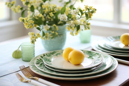 Beautiful table setting with spring flowers for Easter celebration. ai generated