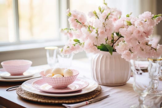 Beautiful table setting with spring flowers for Easter celebration. ai generated