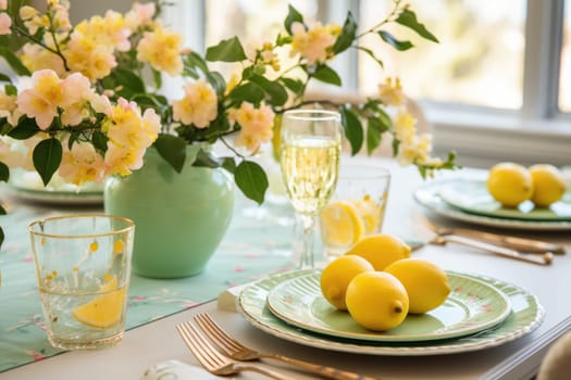 Beautiful table setting with spring flowers for Easter celebration. ai generated