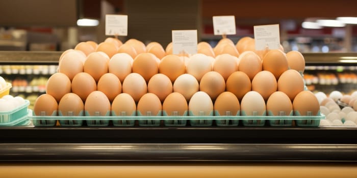 Variety brand of Eggs pack on shelves in a supermarket. supermarket shelves full of eggs. ai generated