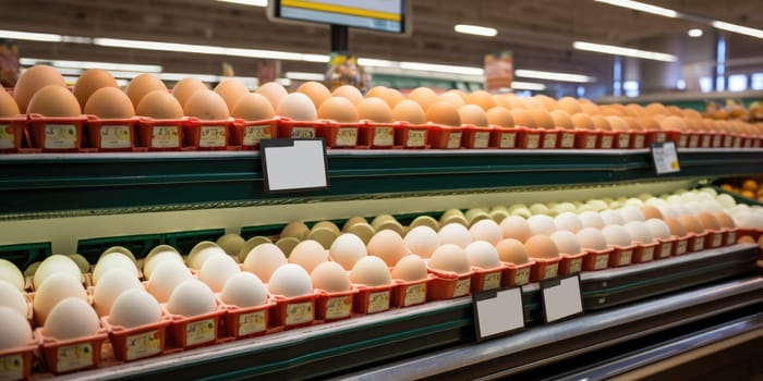 Variety brand of Eggs pack on shelves in a supermarket. supermarket shelves full of eggs. ai generated