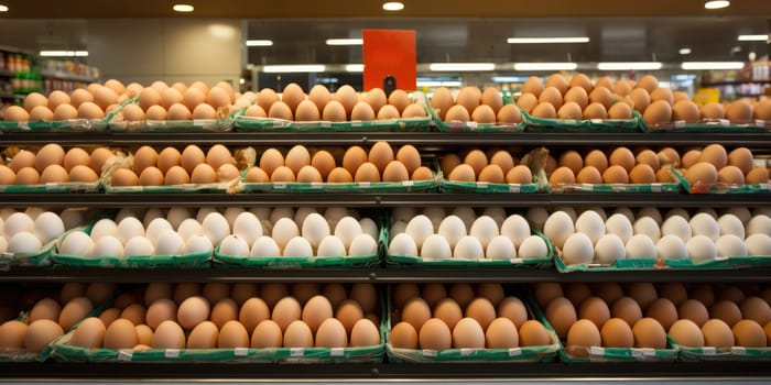 Variety brand of Eggs pack on shelves in a supermarket. supermarket shelves full of eggs. ai generated