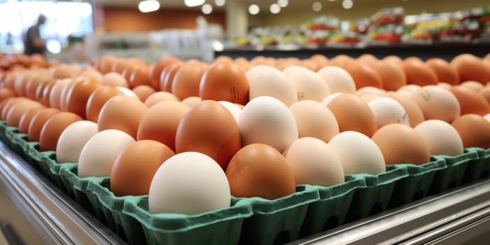 Variety brand of Eggs pack on shelves in a supermarket. supermarket shelves full of eggs. ai generated