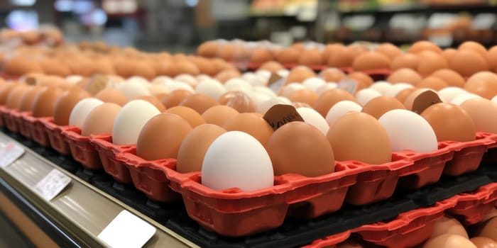 Variety brand of Eggs pack on shelves in a supermarket. supermarket shelves full of eggs. ai generated