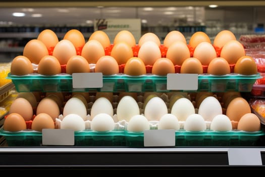 Variety brand of Eggs pack on shelves in a supermarket. supermarket shelves full of eggs. ai generated