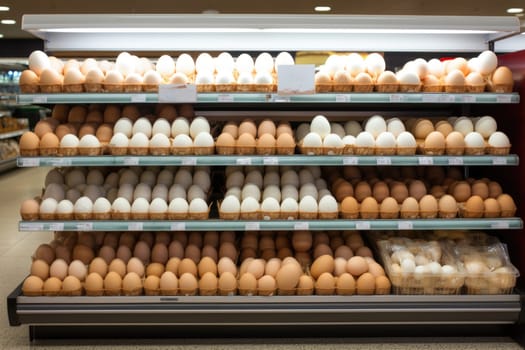Variety brand of Eggs pack on shelves in a supermarket. supermarket shelves full of eggs. ai generated