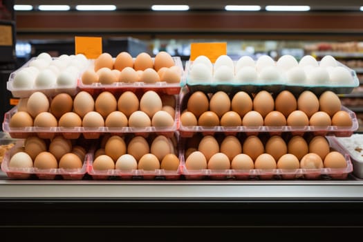 Variety brand of Eggs pack on shelves in a supermarket. supermarket shelves full of eggs. ai generated