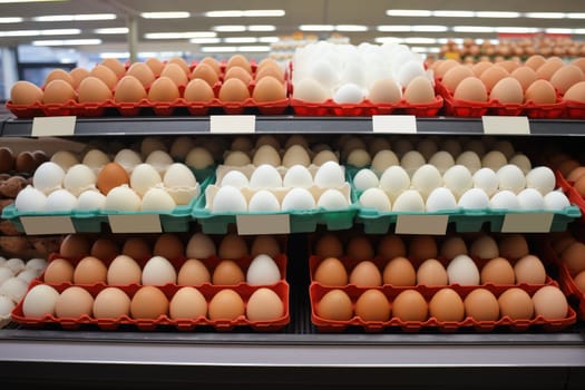 Variety brand of Eggs pack on shelves in a supermarket. supermarket shelves full of eggs. ai generated