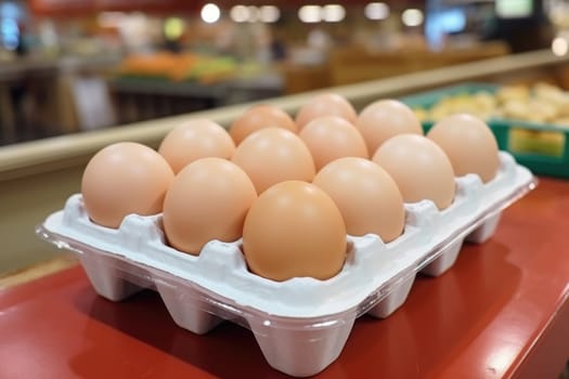 Full fresh eggs of paper tray from hen farm in the package that preserved for sale in wholesale and retail market. ai generated