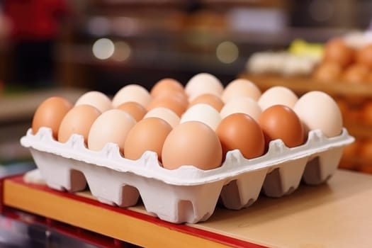 Full fresh eggs of paper tray from hen farm in the package that preserved for sale in wholesale and retail market. ai generated