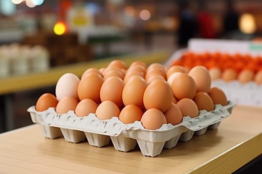 Full fresh eggs of paper tray from hen farm in the package that preserved for sale in wholesale and retail market. ai generated