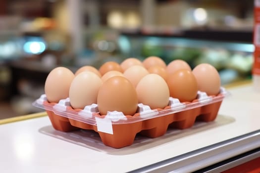 Full fresh eggs of paper tray from hen farm in the package that preserved for sale in wholesale and retail market. ai generated