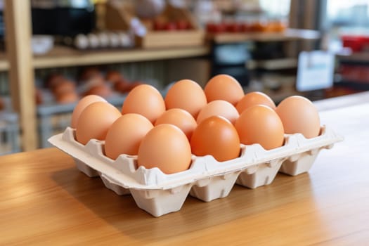 Full fresh eggs of paper tray from hen farm in the package that preserved for sale in wholesale and retail market. ai generated