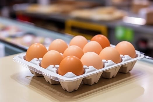 Full fresh eggs of paper tray from hen farm in the package that preserved for sale in wholesale and retail market. ai generated