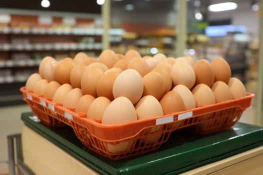 Full fresh eggs of paper tray from hen farm in the package that preserved for sale in wholesale and retail market. ai generated