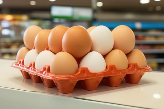 Full fresh eggs of paper tray from hen farm in the package that preserved for sale in wholesale and retail market. ai generated