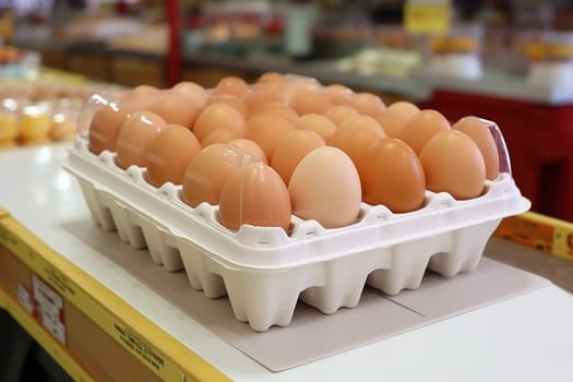 Full fresh eggs of paper tray from hen farm in the package that preserved for sale in wholesale and retail market. ai generated
