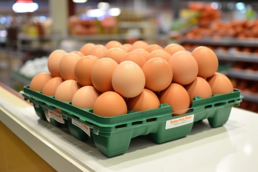 Full fresh eggs of paper tray from hen farm in the package that preserved for sale in wholesale and retail market. ai generated