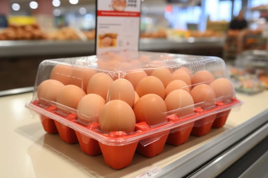 Full fresh eggs of paper tray from hen farm in the package that preserved for sale in wholesale and retail market. ai generated