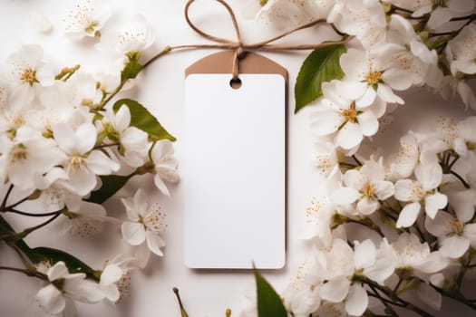 white card mockup next to spring flowers . ai generated