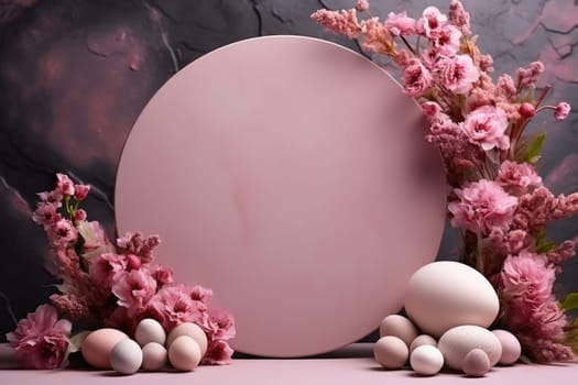 Podium, stand for product presentation and easter wreath with eggs. Mockup for branding and festive packaging presentation. ai generated