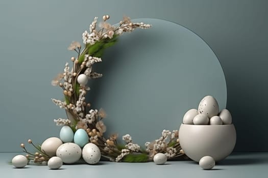 Podium, stand for product presentation and easter wreath with eggs. Mockup for branding and festive packaging presentation. ai generated