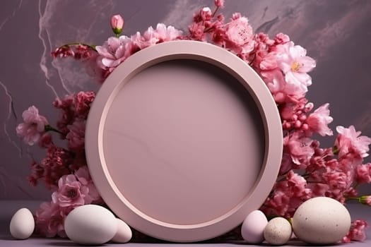 Podium, stand for product presentation and easter wreath with eggs. Mockup for branding and festive packaging presentation. ai generated