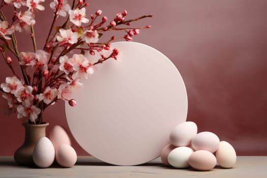 Podium, stand for product presentation and easter wreath with eggs. Mockup for branding and festive packaging presentation. ai generated